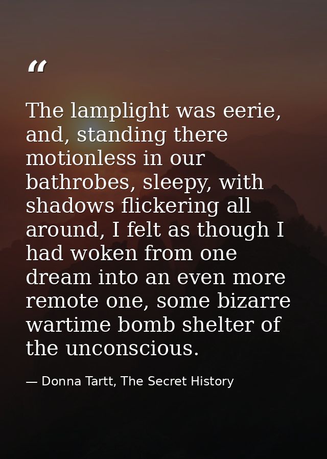 The lamplight was eerie, and, standing there motionless in our bathrobes, sleepy, with shadows flickering all around, I  — Donna Tartt, The Secret History