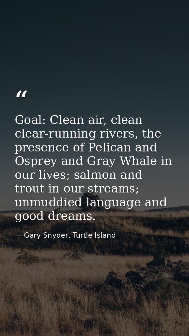 Goal: Clean air, clean clear-running rivers, the presence of Pelican and Osprey and Gray Whale in our lives; salmon and  — Gary Snyder, Turtle Island