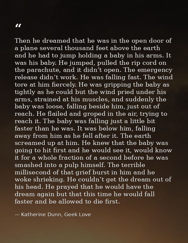 Then he dreamed that he was in the open door of a plane several thousand feet above the earth and he had to jump holding — Katherine Dunn, Geek Love