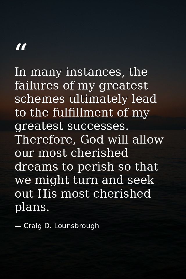 In many instances, the failures of my greatest schemes ultimately lead to the fulfillment of my greatest successes. Ther — Craig D. Lounsbrough