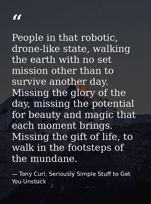 People in that robotic, drone-like state, walking the earth with no set mission other than to survive another day. Missi — Tony Curl, Seriously Simple Stuff to Get You Unstuck