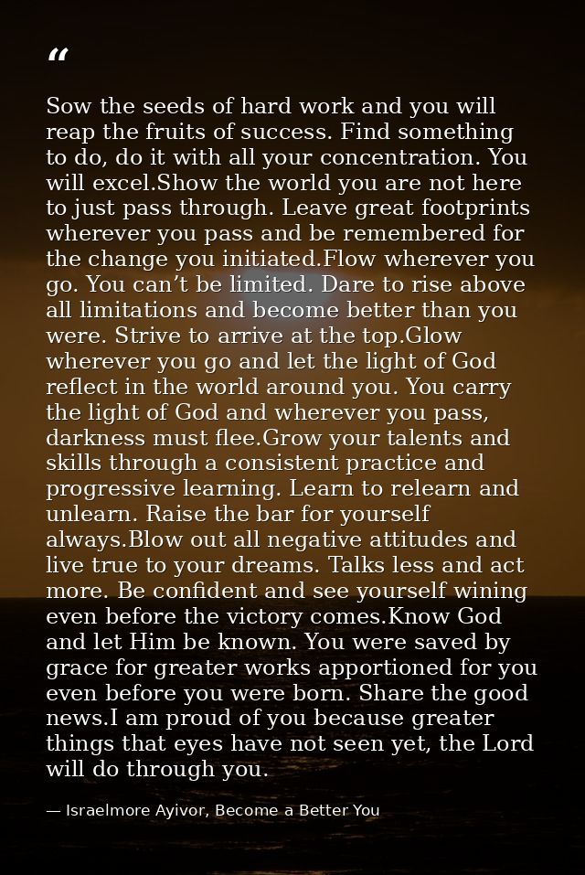 Sow the seeds of hard work and you will reap the fruits of success. Find something to do, do it with all your concentrat — Israelmore Ayivor, Become a Better You