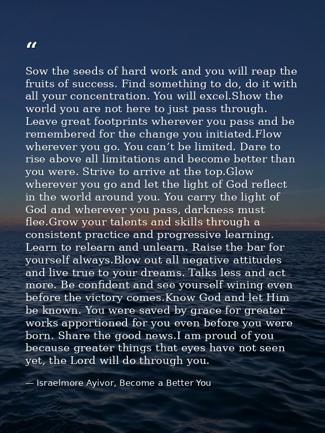 Sow the seeds of hard work and you will reap the fruits of success. Find something to do, do it with all your concentrat — Israelmore Ayivor, Become a Better You