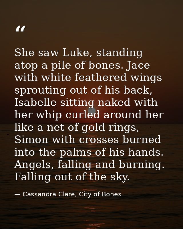 She saw Luke, standing atop a pile of bones. Jace with white feathered wings sprouting out of his back, Isabelle sitting — Cassandra Clare, City of Bones