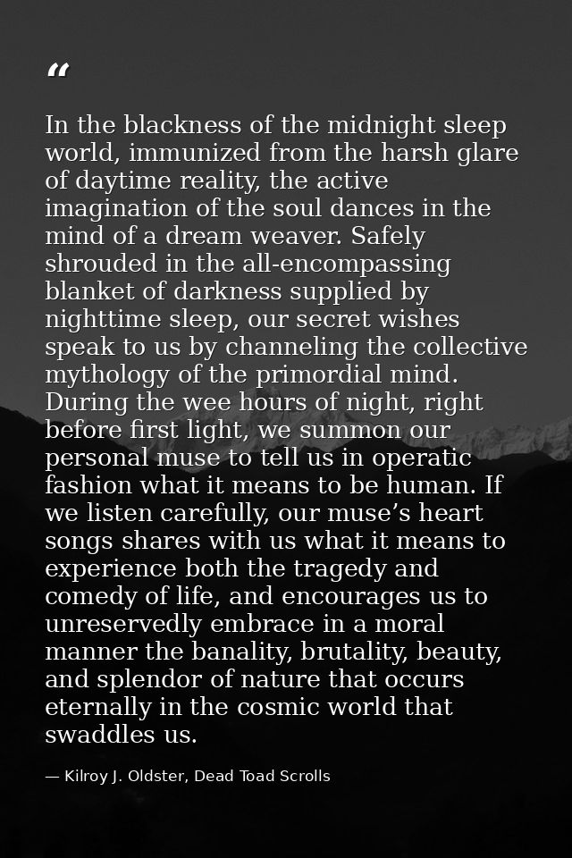 In the blackness of the midnight sleep world, immunized from the harsh glare of daytime reality, the active imagination  — Kilroy J. Oldster, Dead Toad Scrolls
