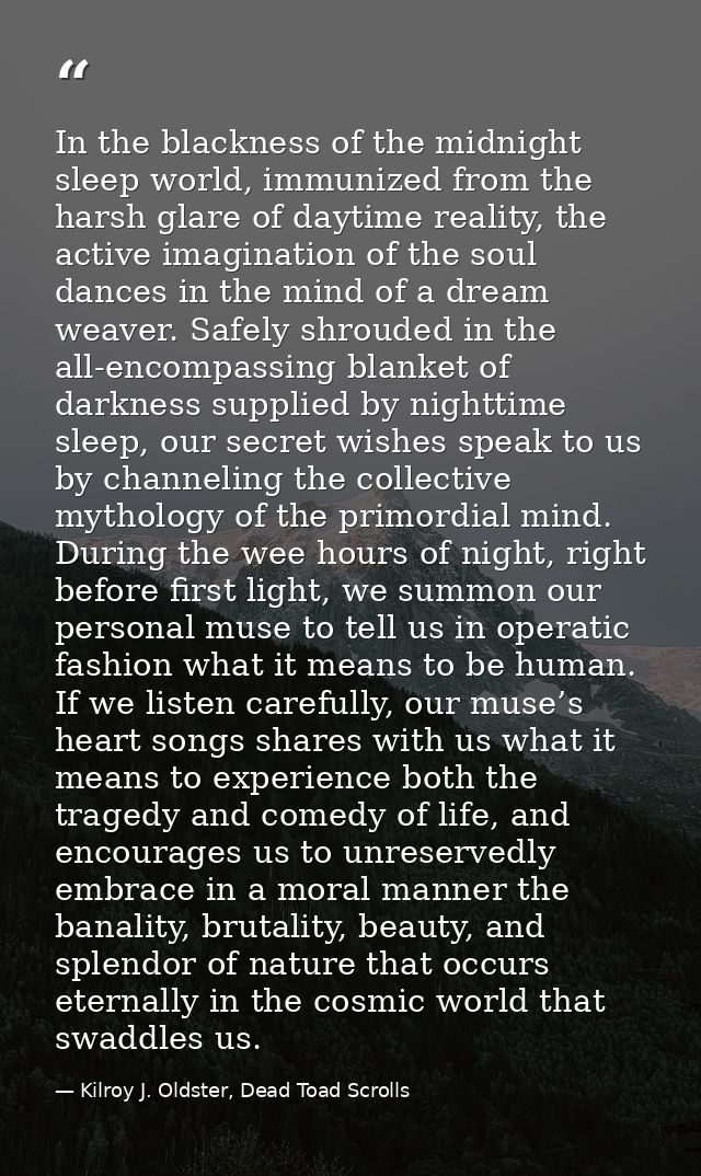 In the blackness of the midnight sleep world, immunized from the harsh glare of daytime reality, the active imagination  — Kilroy J. Oldster, Dead Toad Scrolls
