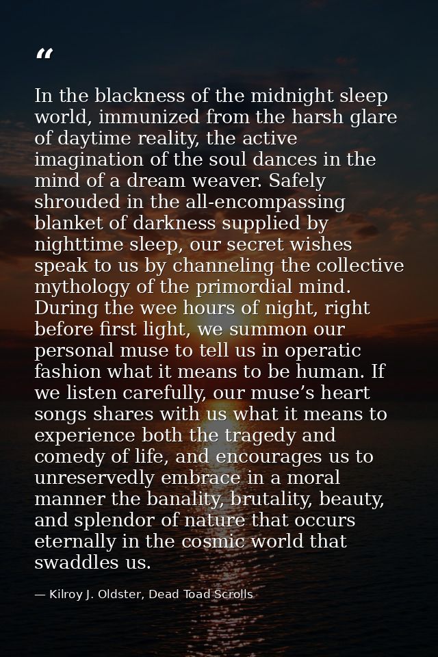 In the blackness of the midnight sleep world, immunized from the harsh glare of daytime reality, the active imagination  — Kilroy J. Oldster, Dead Toad Scrolls