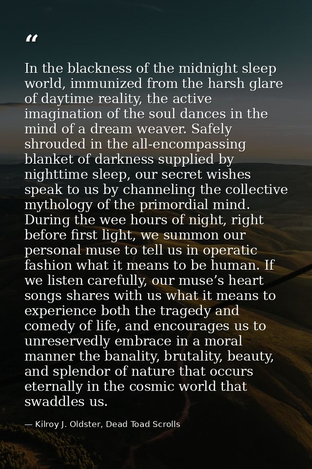 In the blackness of the midnight sleep world, immunized from the harsh glare of daytime reality, the active imagination  — Kilroy J. Oldster, Dead Toad Scrolls