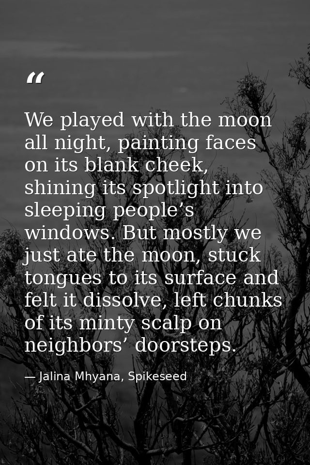 We played with the moon all night, painting faces on its blank cheek, shining its spotlight into sleeping people’s windo — Jalina Mhyana, Spikeseed