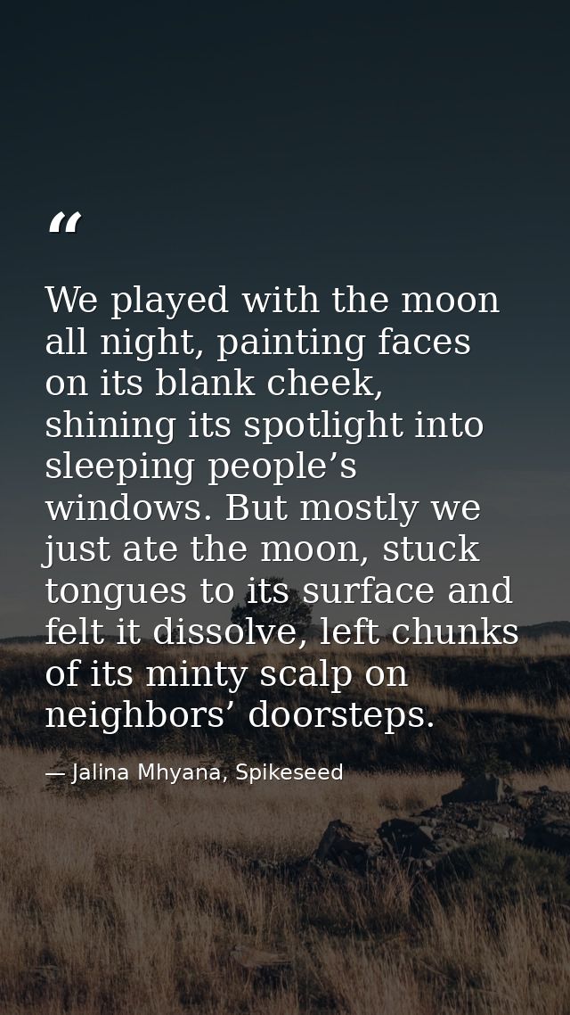We played with the moon all night, painting faces on its blank cheek, shining its spotlight into sleeping people’s windo — Jalina Mhyana, Spikeseed