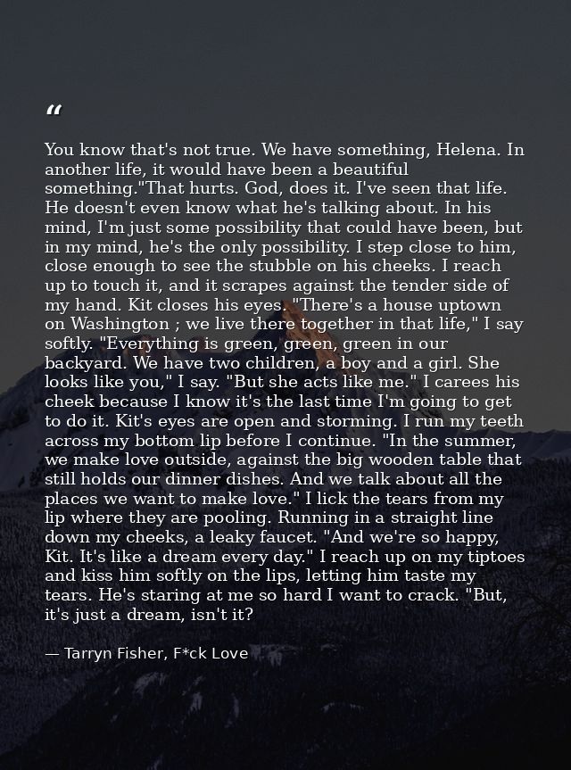 You know that's not true. We have something, Helena. In another life, it would have been a beautiful something."That hur — Tarryn Fisher, F*ck Love