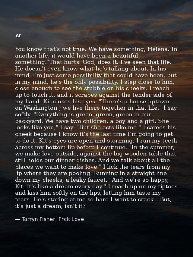 You know that's not true. We have something, Helena. In another life, it would have been a beautiful something."That hur — Tarryn Fisher, F*ck Love