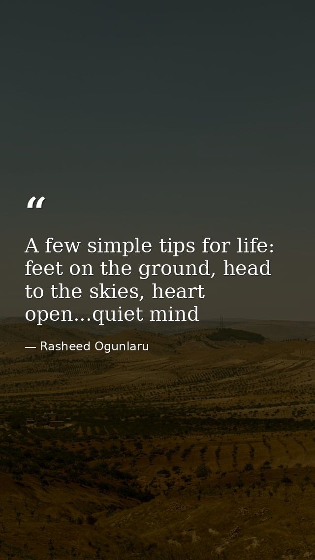 A few simple tips for life: feet on the ground, head to the skies, heart open...quiet mind — Rasheed Ogunlaru