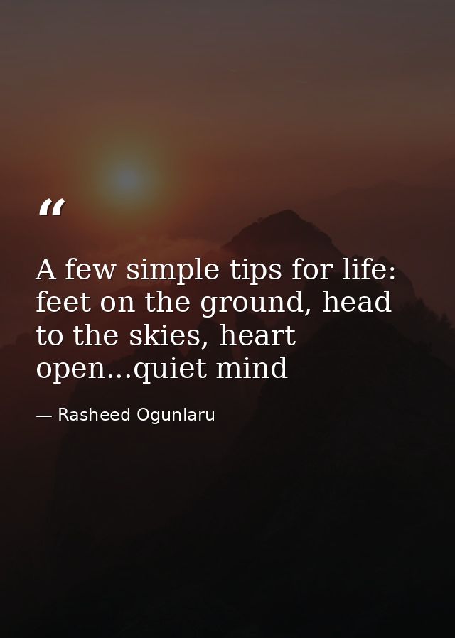 A few simple tips for life: feet on the ground, head to the skies, heart open...quiet mind — Rasheed Ogunlaru