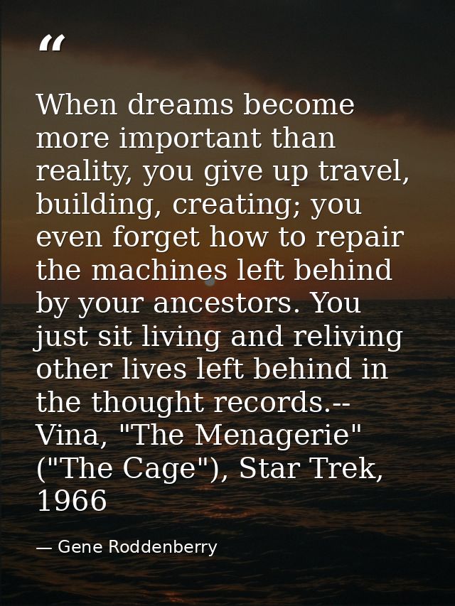 When dreams become more important than reality, you give up travel, building, creating; you even forget how to repair th — Gene Roddenberry