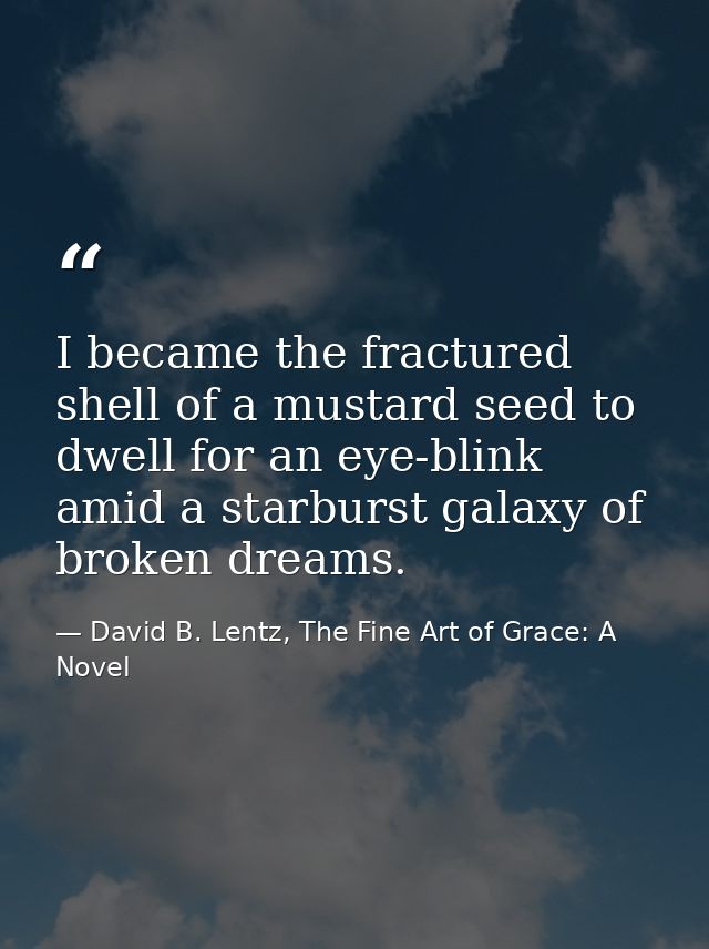 I became the fractured shell of a mustard seed to dwell for an eye-blink amid a starburst galaxy of broken dreams. — David B. Lentz, The Fine Art of Grace: A Novel