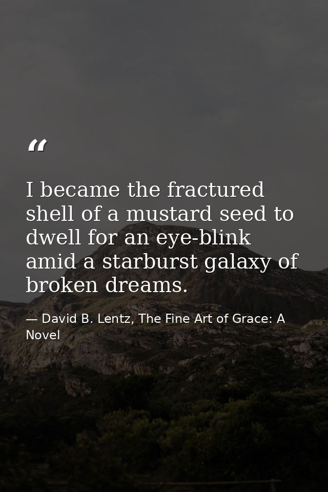 I became the fractured shell of a mustard seed to dwell for an eye-blink amid a starburst galaxy of broken dreams. — David B. Lentz, The Fine Art of Grace: A Novel