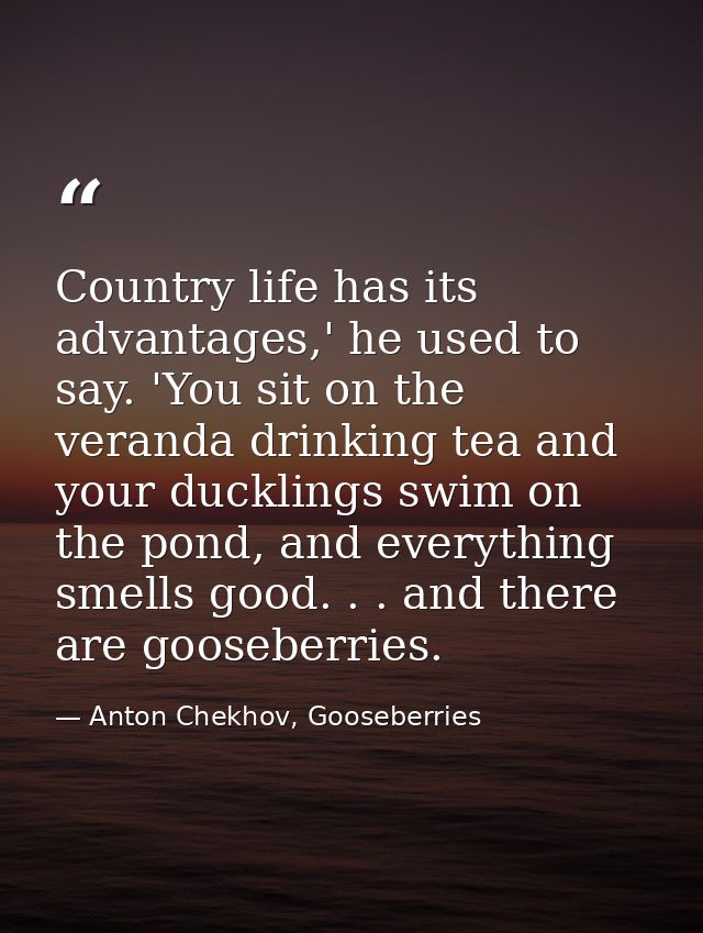 Country life has its advantages,' he used to say. 'You sit on the veranda drinking tea and your ducklings swim on the po — Anton Chekhov, Gooseberries