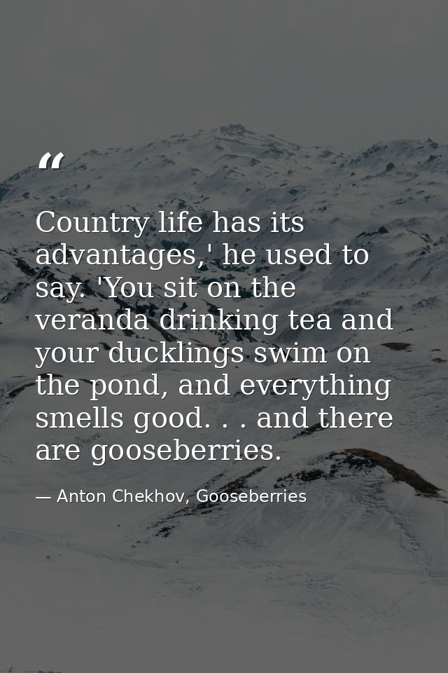 Country life has its advantages,' he used to say. 'You sit on the veranda drinking tea and your ducklings swim on the po — Anton Chekhov, Gooseberries