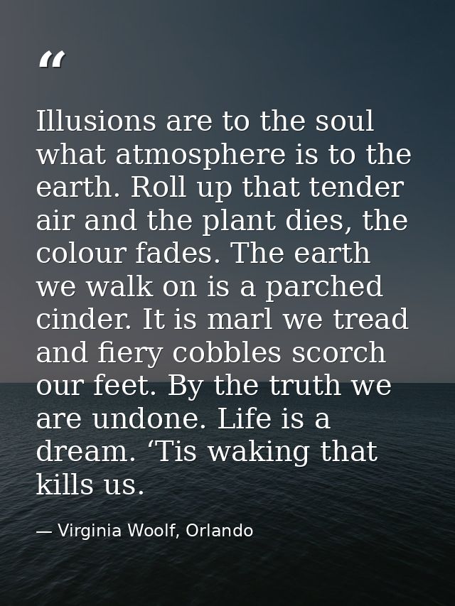 Illusions are to the soul what atmosphere is to the earth. Roll up that tender air and the plant dies, the colour fades. — Virginia Woolf, Orlando