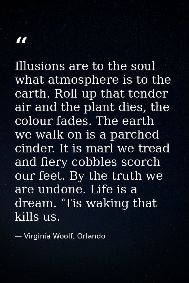 Illusions are to the soul what atmosphere is to the earth. Roll up that tender air and the plant dies, the colour fades. — Virginia Woolf, Orlando