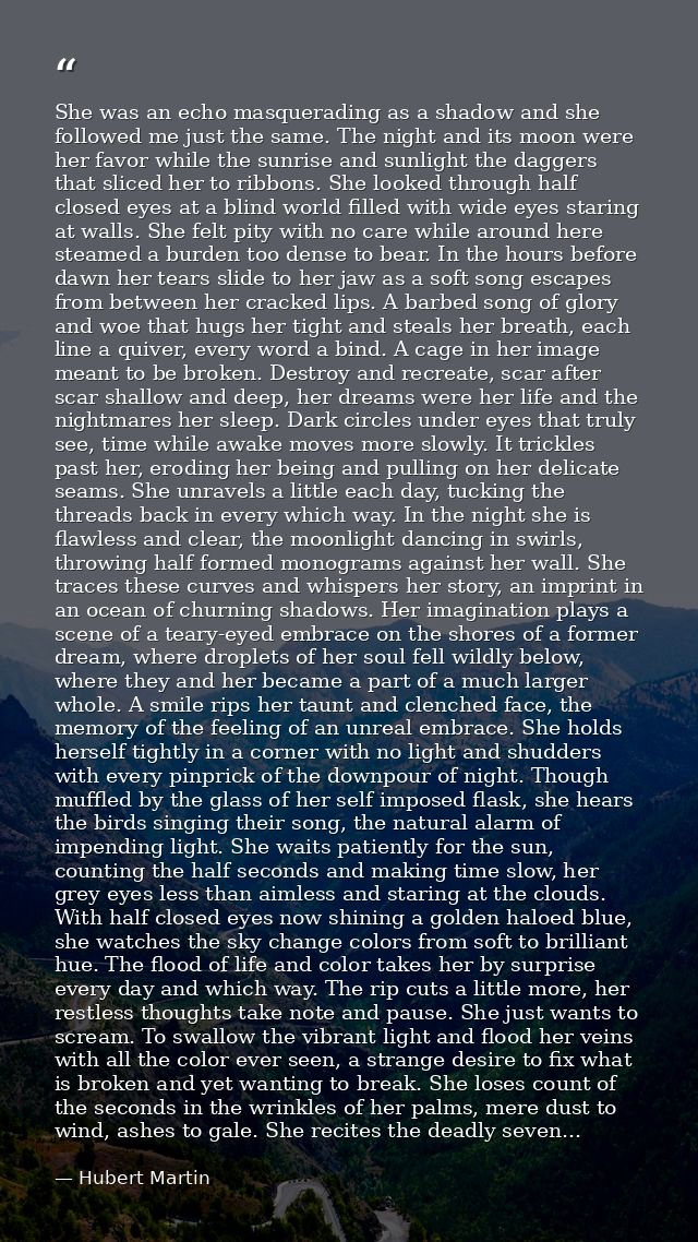She was an echo masquerading as a shadow and she followed me just the same. The night and its moon were her favor while  — Hubert Martin