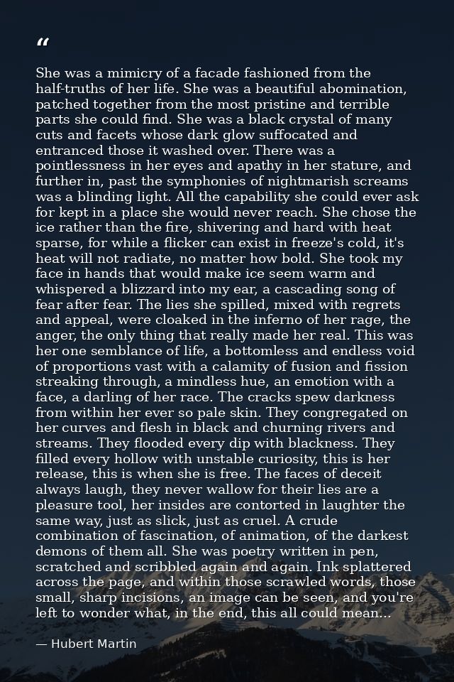 She was a mimicry of a facade fashioned from the half-truths of her life. She was a beautiful abomination, patched toget — Hubert Martin
