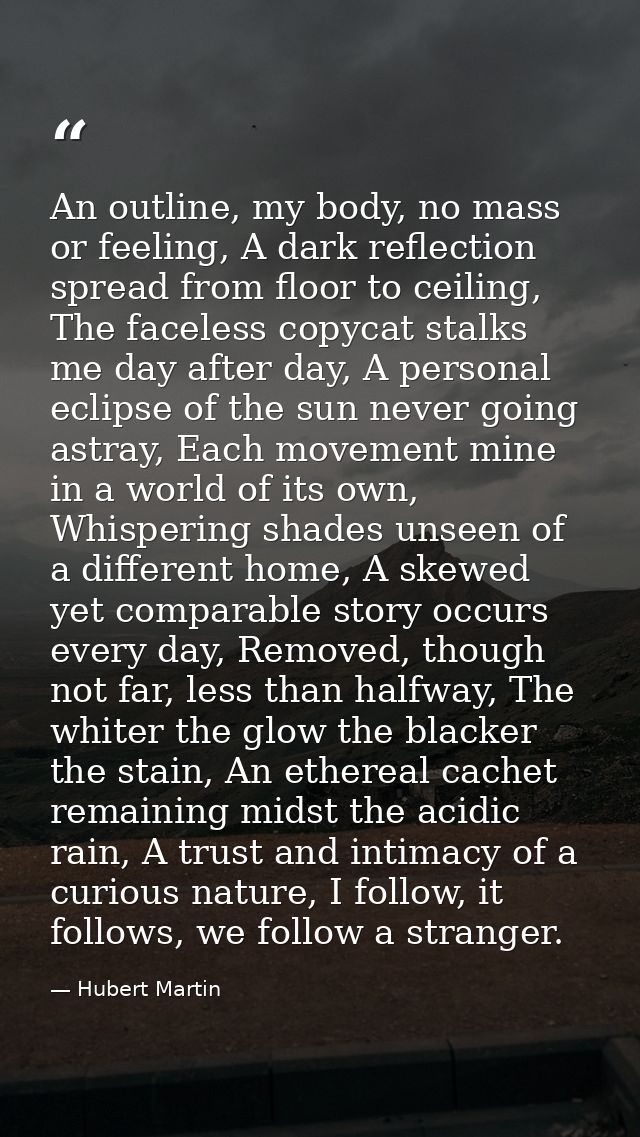 An outline, my body, no mass or feeling, A dark reflection spread from floor to ceiling, The faceless copycat stalks me  — Hubert Martin