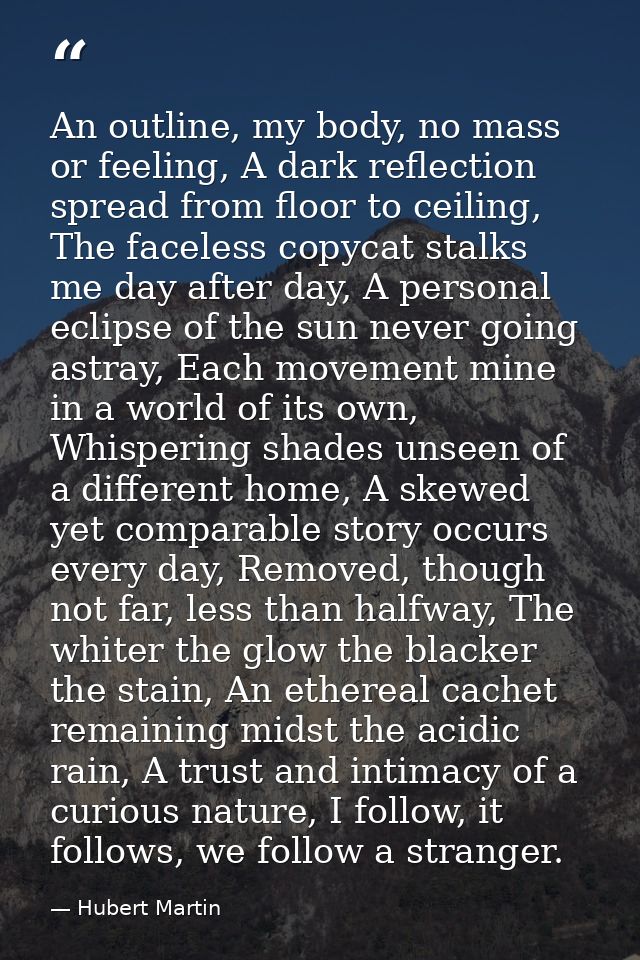 An outline, my body, no mass or feeling, A dark reflection spread from floor to ceiling, The faceless copycat stalks me  — Hubert Martin