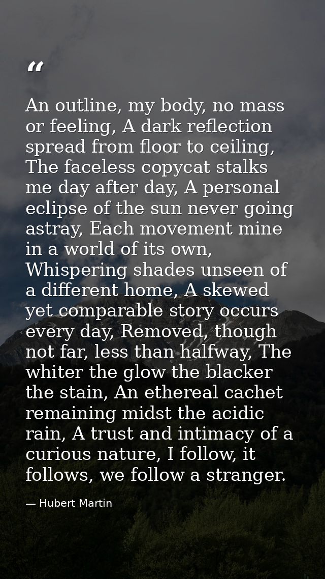 An outline, my body, no mass or feeling, A dark reflection spread from floor to ceiling, The faceless copycat stalks me  — Hubert Martin
