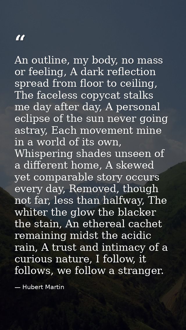 An outline, my body, no mass or feeling, A dark reflection spread from floor to ceiling, The faceless copycat stalks me  — Hubert Martin