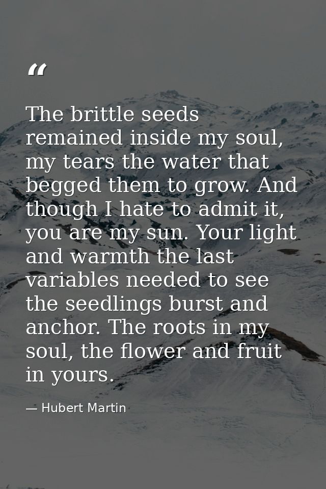 The brittle seeds remained inside my soul, my tears the water that begged them to grow. And though I hate to admit it, y — Hubert Martin