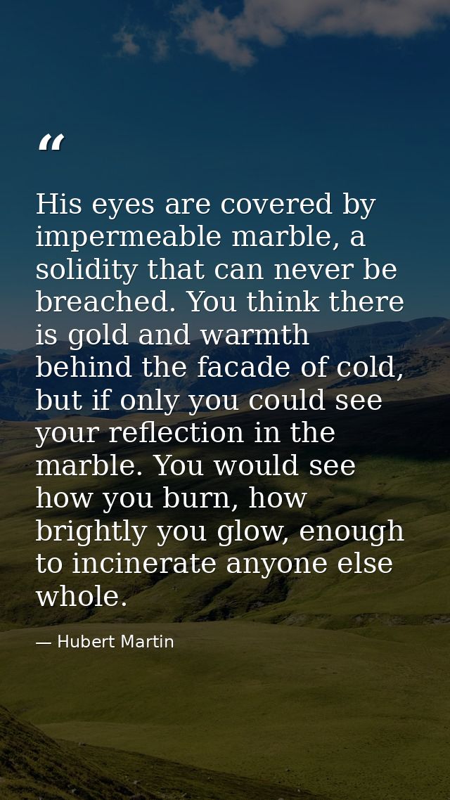 His eyes are covered by impermeable marble, a solidity that can never be breached. You think there is gold and warmth be — Hubert Martin