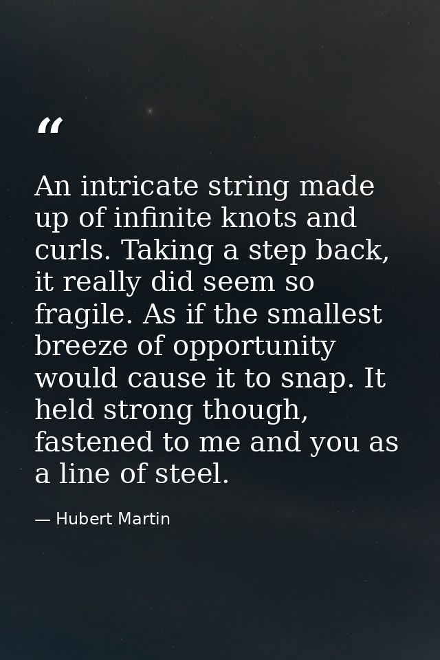 An intricate string made up of infinite knots and curls. Taking a step back, it really did seem so fragile. As if the sm — Hubert Martin