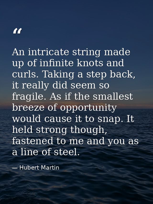 An intricate string made up of infinite knots and curls. Taking a step back, it really did seem so fragile. As if the sm — Hubert Martin