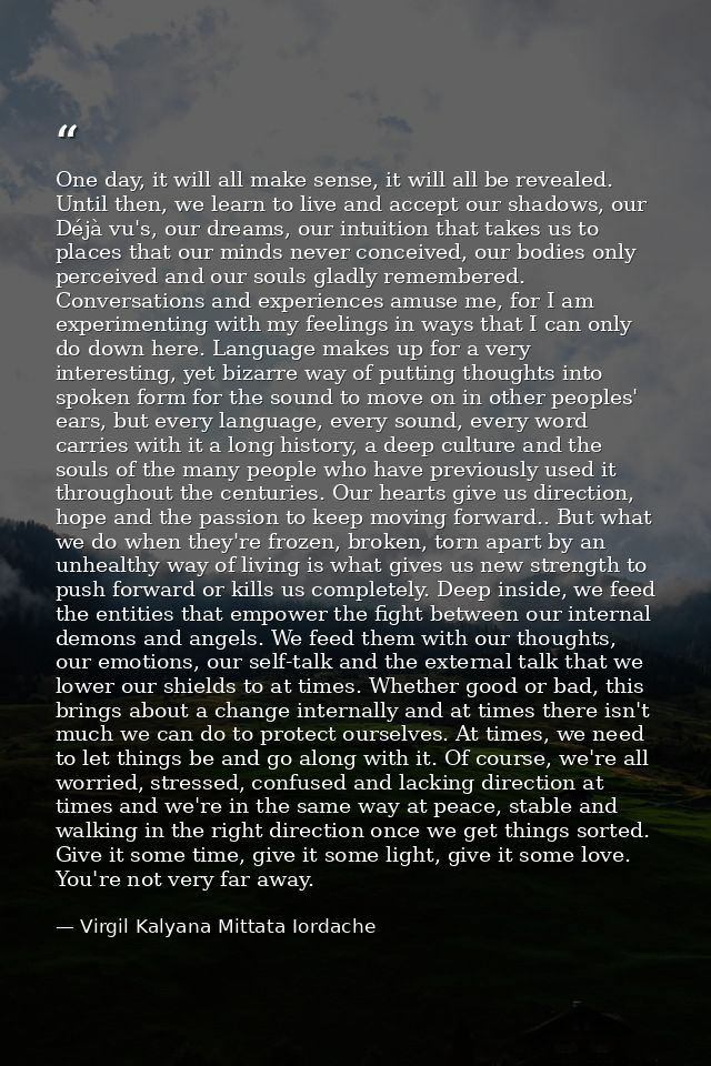 One day, it will all make sense, it will all be revealed. Until then, we learn to live and accept our shadows, our Déjà  — Virgil Kalyana Mittata Iordache