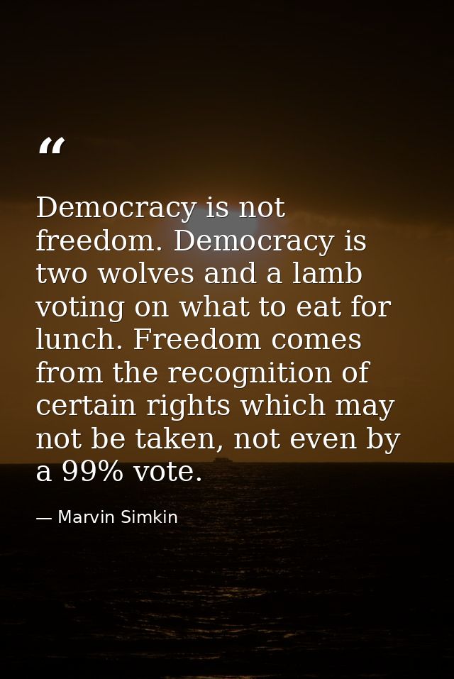 Democracy is not freedom. Democracy is two wolves and a lamb voting on what to eat for lunch. Freedom comes from the rec — Marvin Simkin