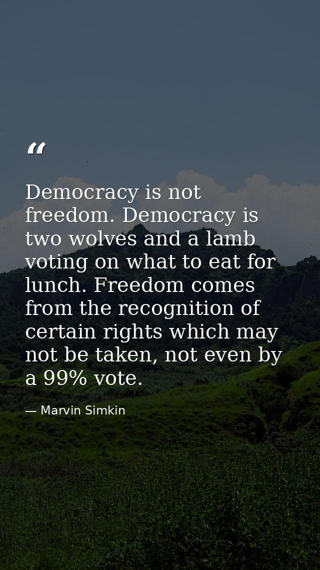 Democracy is not freedom. Democracy is two wolves and a lamb voting on what to eat for lunch. Freedom comes from the rec — Marvin Simkin