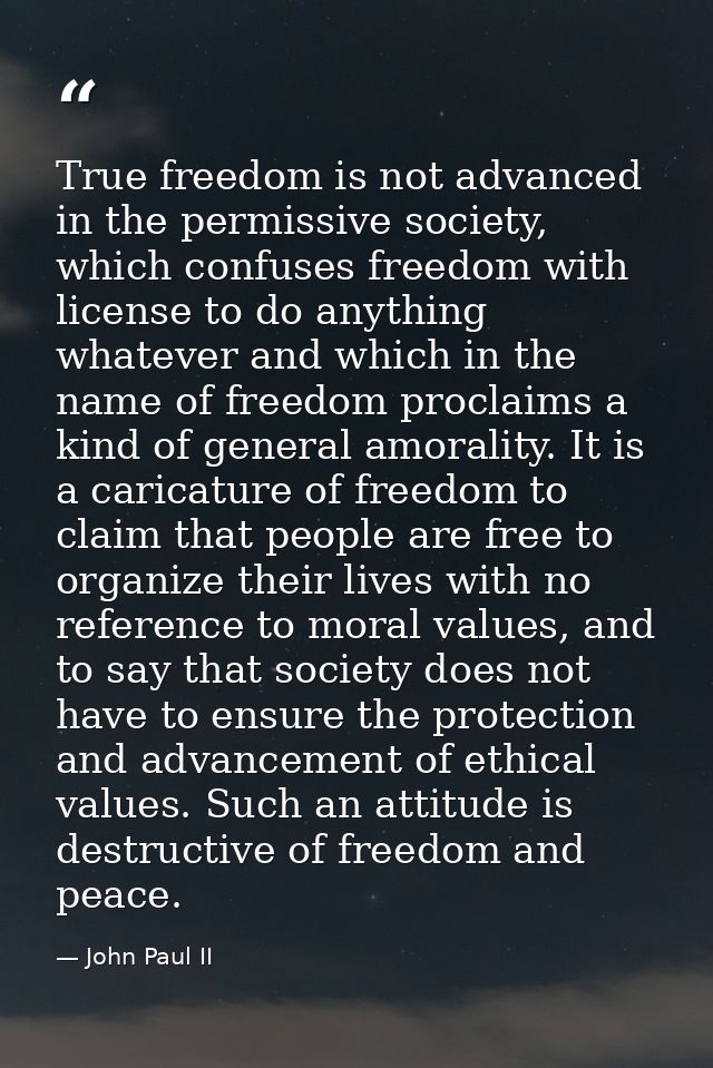 True freedom is not advanced in the permissive society, which confuses freedom with license to do anything whatever and  — John Paul II