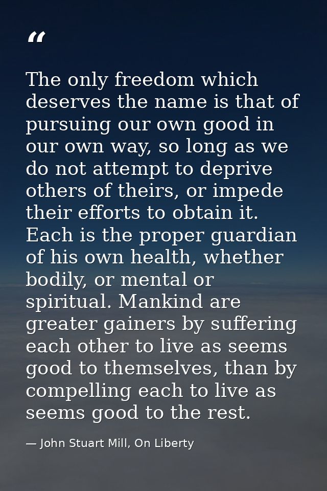 The only freedom which deserves the name is that of pursuing our own good in our own way, so long as we do not attempt t — John Stuart Mill, On Liberty