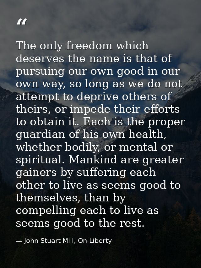 The only freedom which deserves the name is that of pursuing our own good in our own way, so long as we do not attempt t — John Stuart Mill, On Liberty