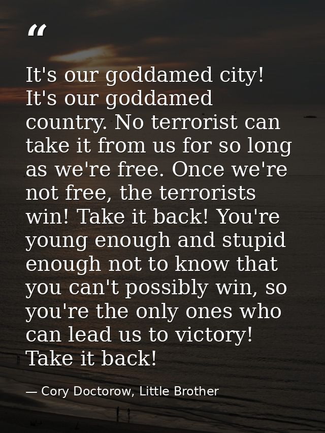 It's our goddamed city! It's our goddamed country. No terrorist can take it from us for so long as we're free. Once we'r — Cory Doctorow, Little Brother