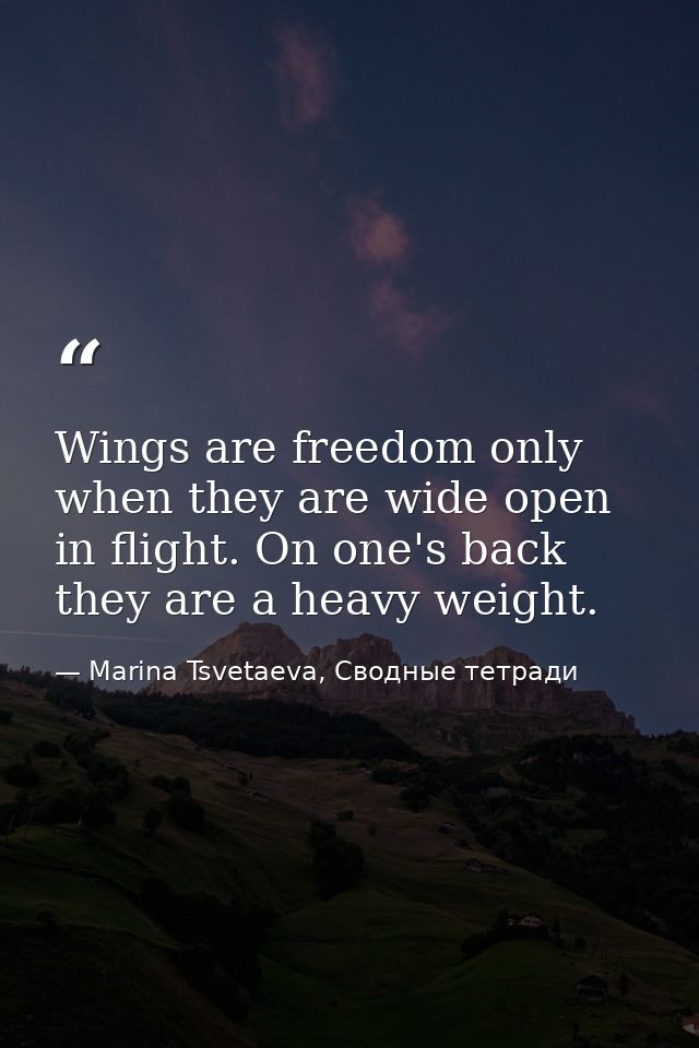 Wings are freedom only when they are wide open in flight. On one's back they are a heavy weight. — Marina Tsvetaeva, Сводные тетради