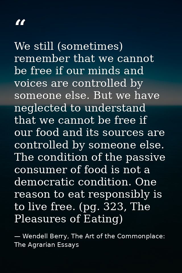 We still (sometimes) remember that we cannot be free if our minds and voices are controlled by someone else. But we have — Wendell Berry, The Art of the Commonplace: The Agrarian Essays