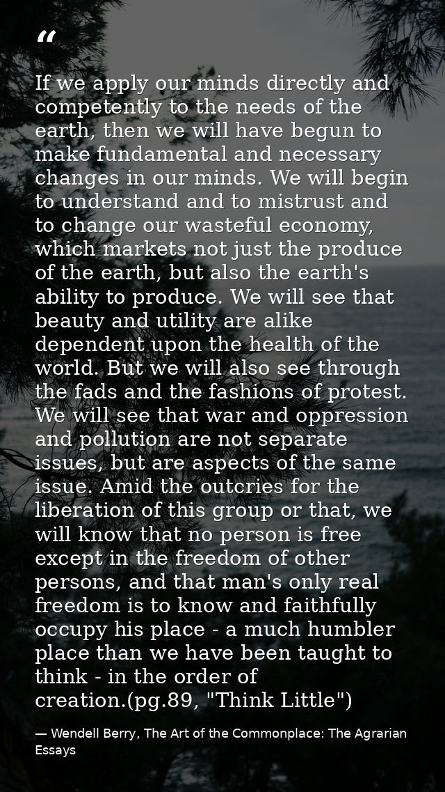 If we apply our minds directly and competently to the needs of the earth, then we will have begun to make fundamental an — Wendell Berry, The Art of the Commonplace: The Agrarian Essays