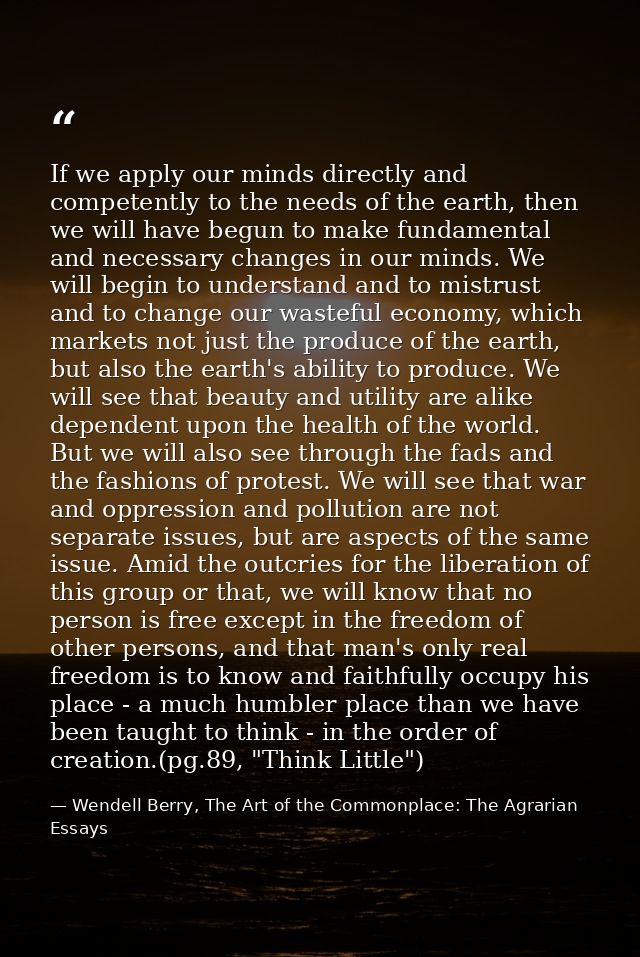 If we apply our minds directly and competently to the needs of the earth, then we will have begun to make fundamental an — Wendell Berry, The Art of the Commonplace: The Agrarian Essays