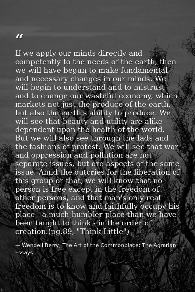 If we apply our minds directly and competently to the needs of the earth, then we will have begun to make fundamental an — Wendell Berry, The Art of the Commonplace: The Agrarian Essays