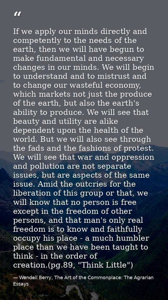 If we apply our minds directly and competently to the needs of the earth, then we will have begun to make fundamental an — Wendell Berry, The Art of the Commonplace: The Agrarian Essays