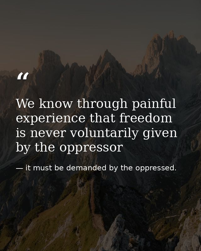 We know through painful experience that freedom is never voluntarily given by the oppressor — it must be demanded by the oppressed.