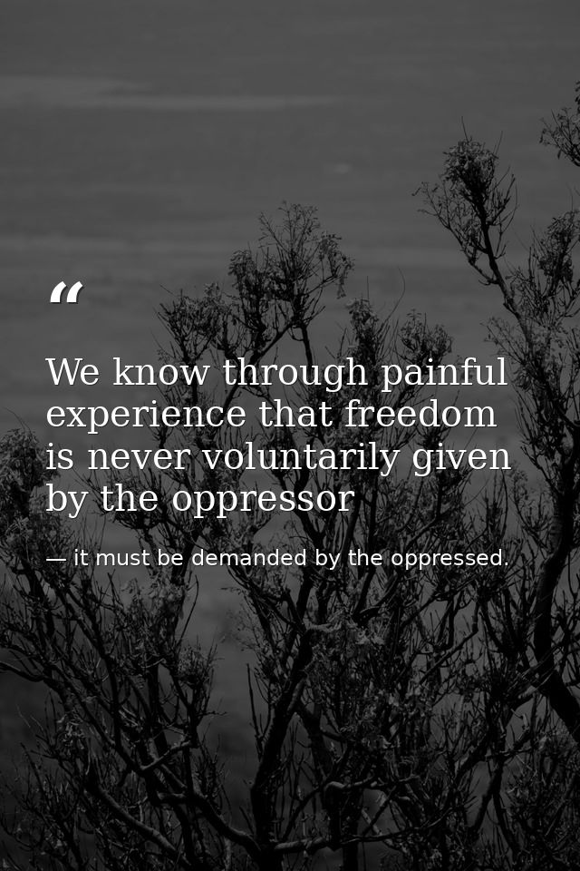 We know through painful experience that freedom is never voluntarily given by the oppressor — it must be demanded by the oppressed.